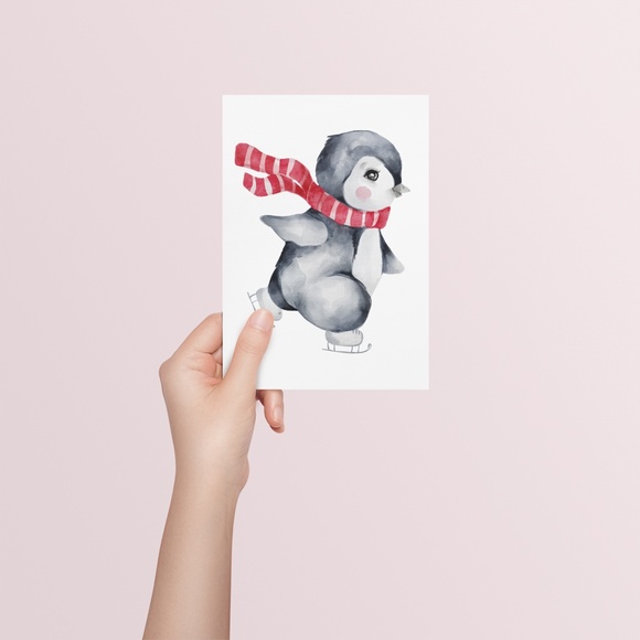 Wall Art Watercolor Christmas Penguin Illustration Print Poster Card Unframed - Picture 4 of 6